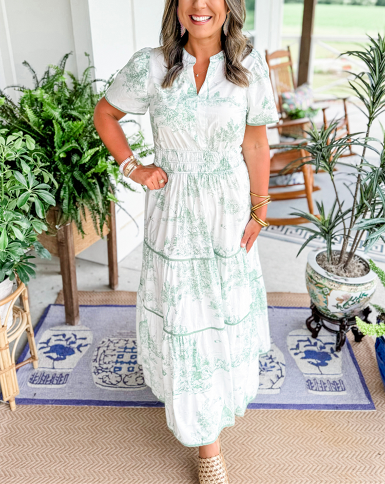 Keely | Printed Smocked-Waist Tiered Maxi Dress with V-Neck