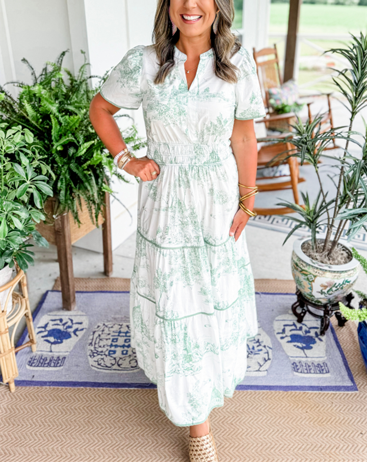 Keely | Printed Smocked-Waist Tiered Maxi Dress with V-Neck