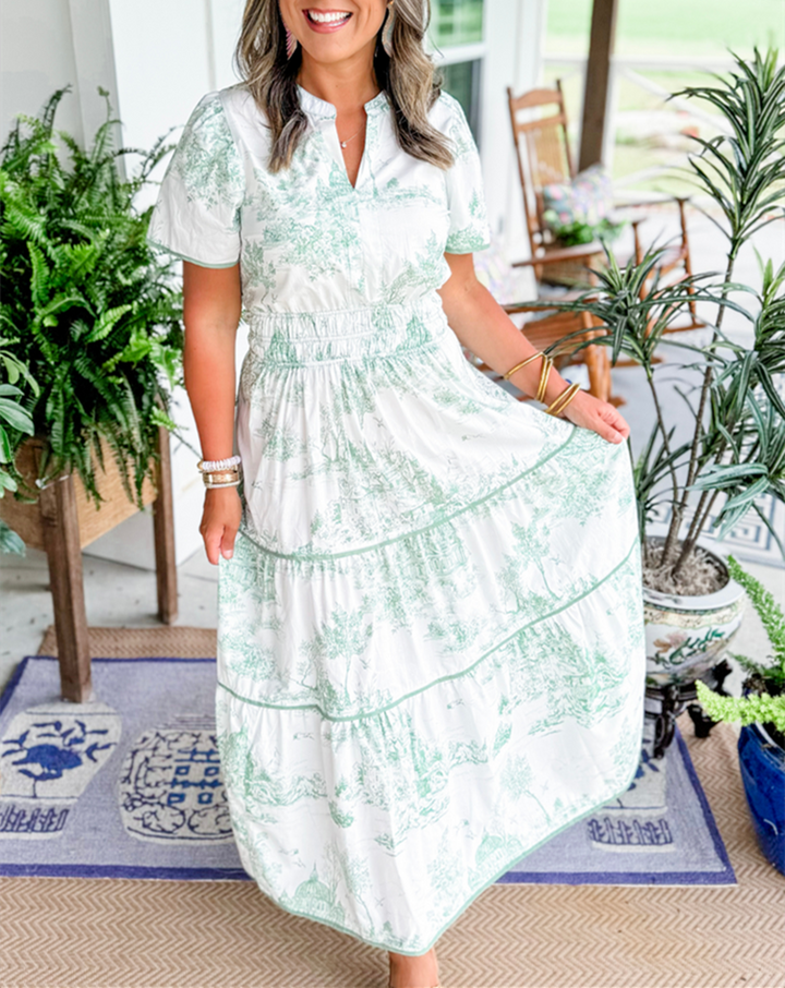 Keely | Printed Smocked-Waist Tiered Maxi Dress with V-Neck