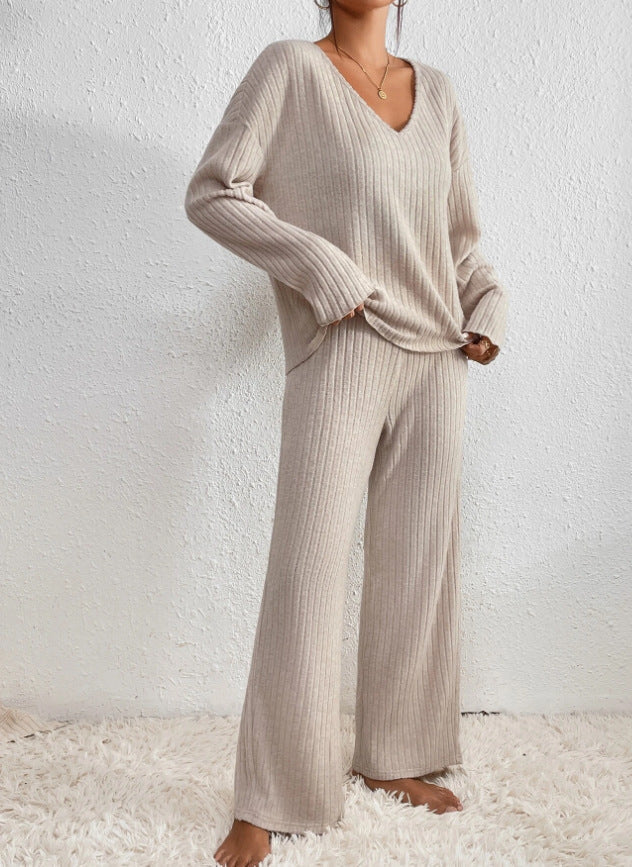 Frida | Ribbed Knit V-Neck Sweater and Pants Set