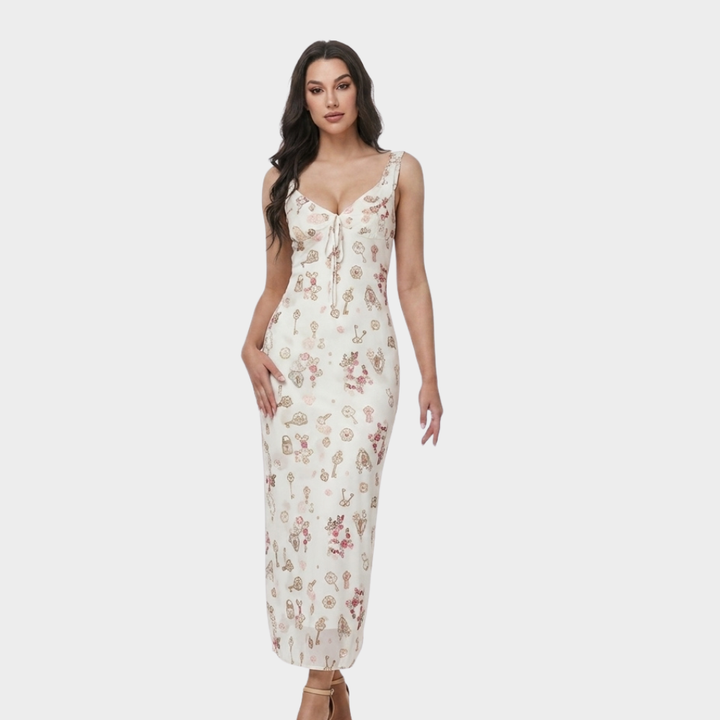 Estella | Floral Ruffle-Strap Fitted Maxi Wedding Guest Dress