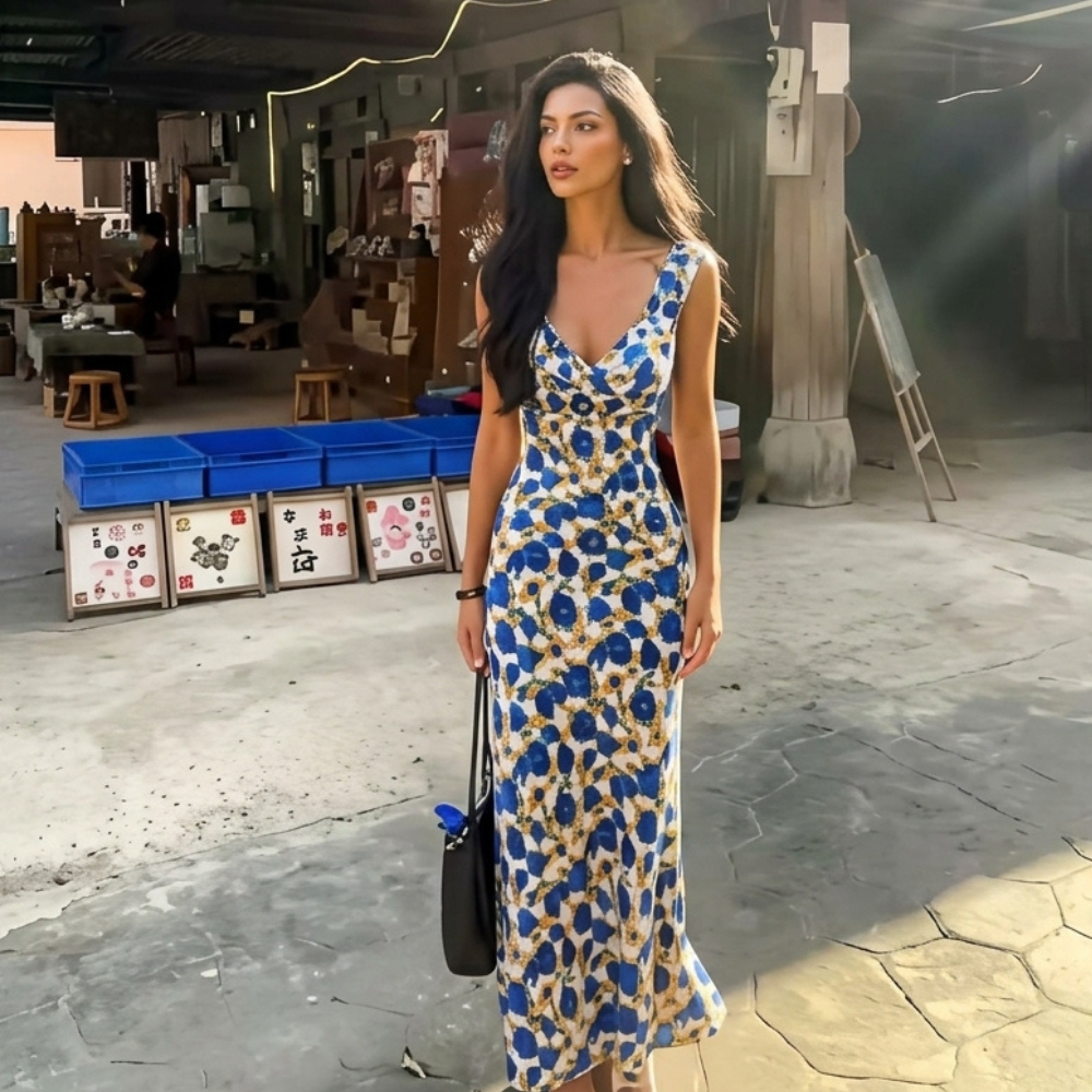 Estella | Floral Ruffle-Strap Fitted Maxi Wedding Guest Dress