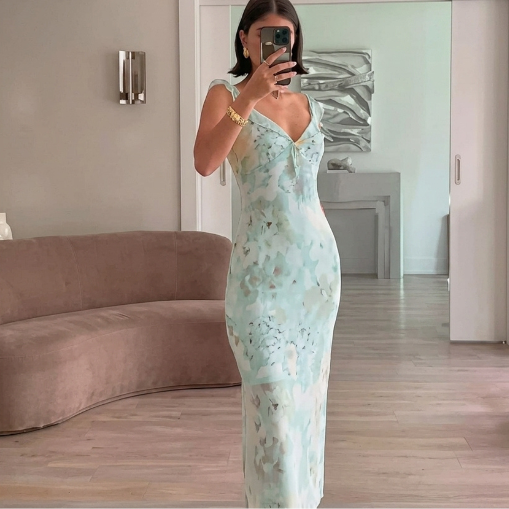 Estella | Floral Ruffle-Strap Fitted Maxi Wedding Guest Dress