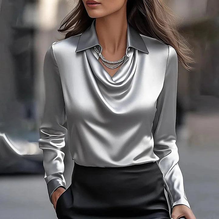 Honey | Shiny V-Neck Blouse with Tapered Sleeves