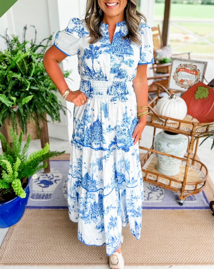 Keely | Printed Smocked-Waist Tiered Maxi Dress with V-Neck