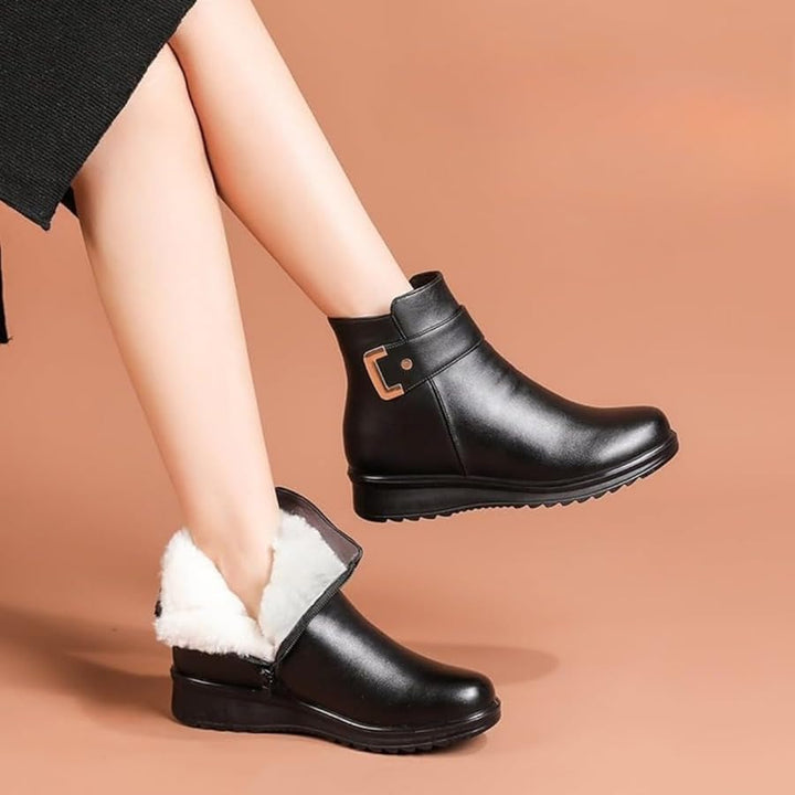 Bexley | Black Sherpa-Lined Wedge Ankle Boots with Gold Buckle