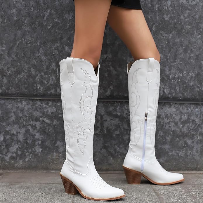 Maren | Embroidered Knee-High Western Cowboy Leather Boots