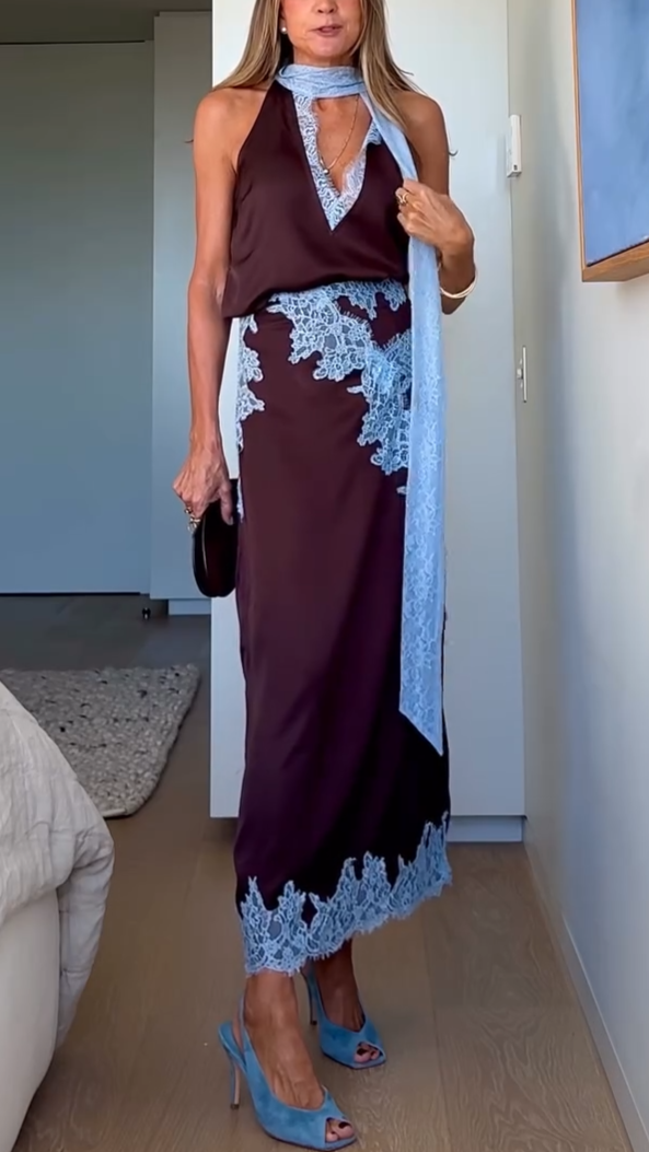 Lena | Brown Lace Panel Top and Skirt Set