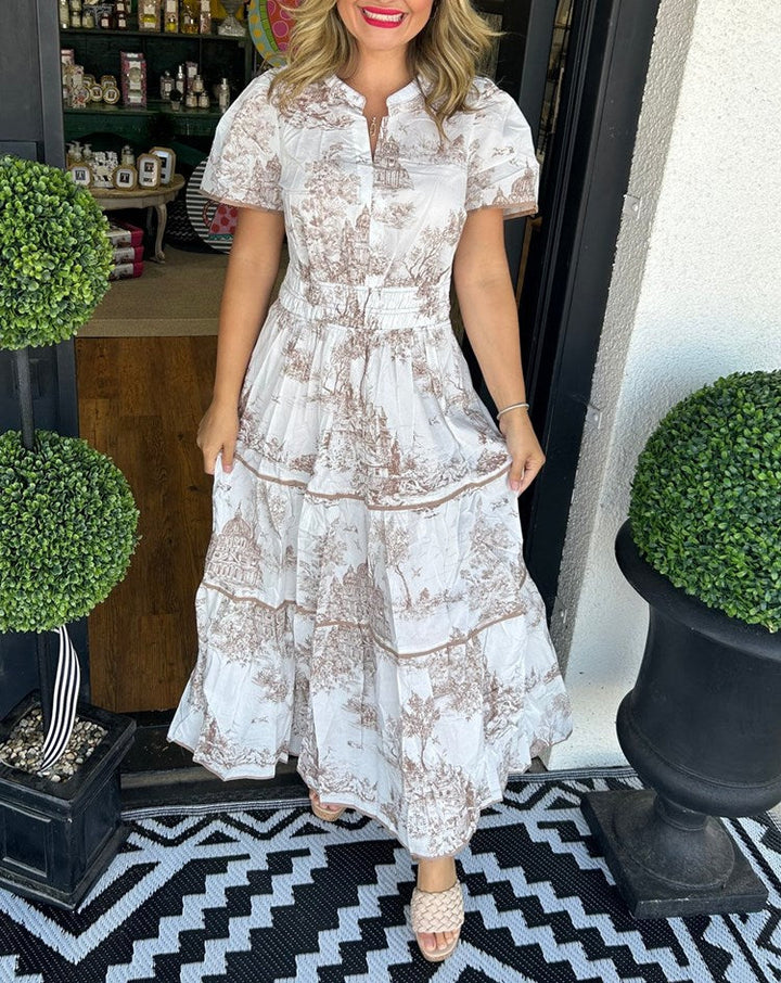 Keely | Printed Smocked-Waist Tiered Maxi Dress with V-Neck