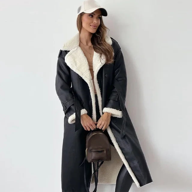 Gwen | Sherpa-Lined Double-Breasted Long Trench Coat
