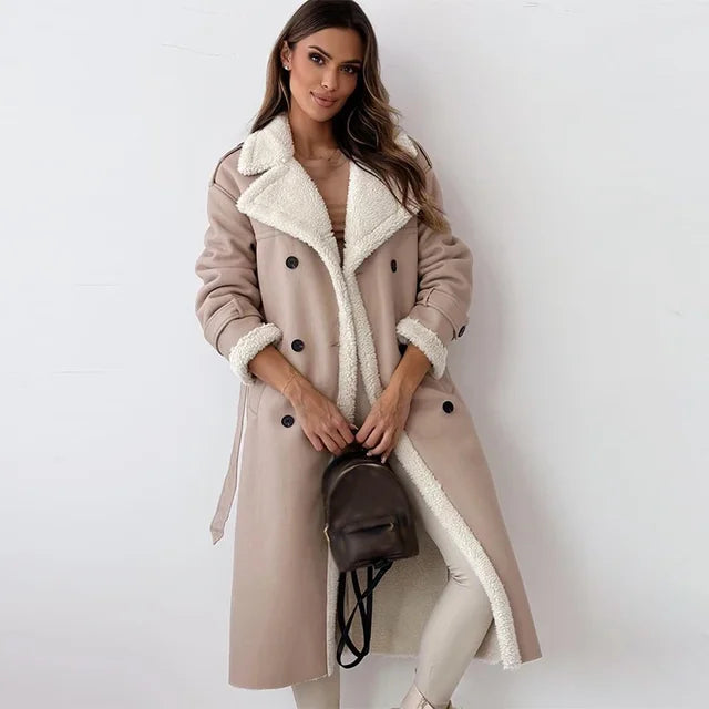 Gwen | Sherpa-Lined Double-Breasted Long Trench Coat