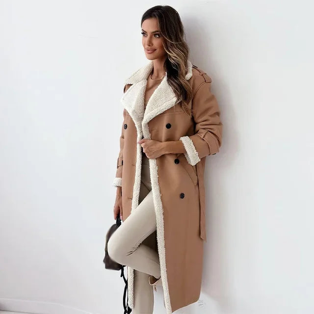 Gwen | Sherpa-Lined Double-Breasted Long Trench Coat