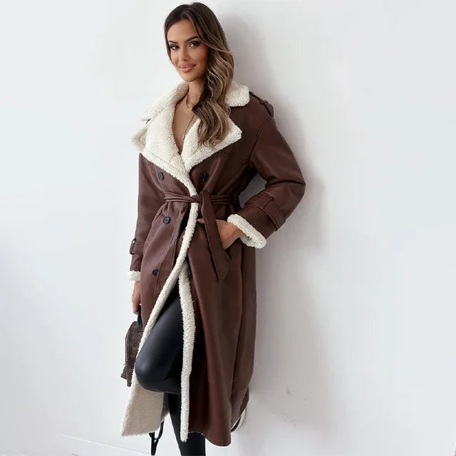 Gwen | Sherpa-Lined Double-Breasted Long Trench Coat
