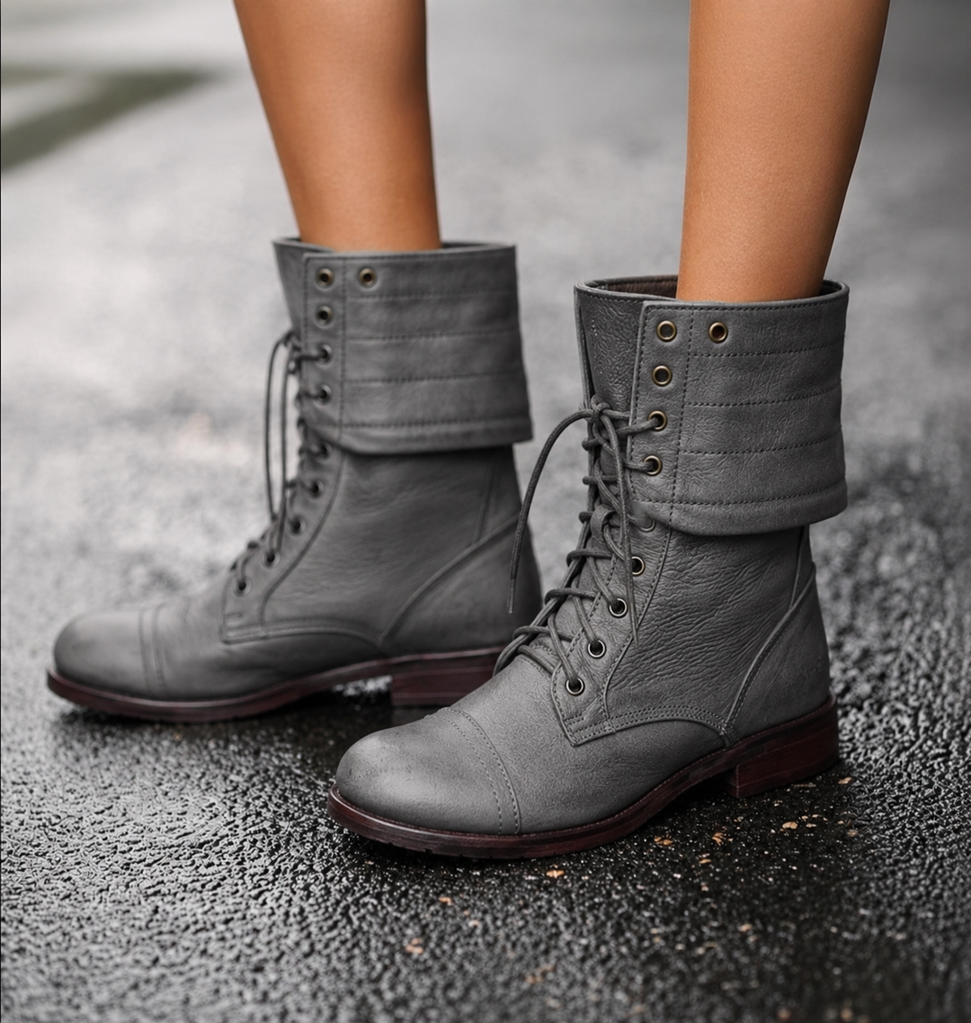 Carmen | Lace-Up Mid-Calf Combat Boots with Fold-Over Cuff