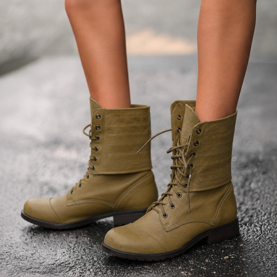 Carmen | Lace-Up Mid-Calf Combat Boots with Fold-Over Cuff
