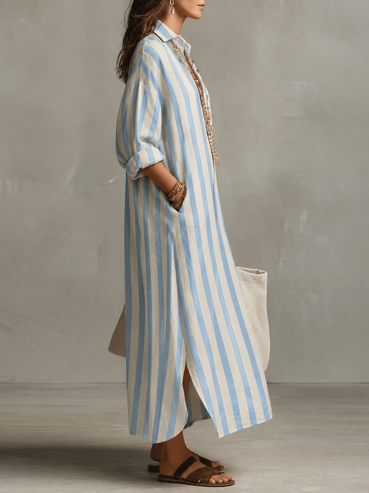 Coral | Striped Oversized Maxi Shirt Dress with Side Slits