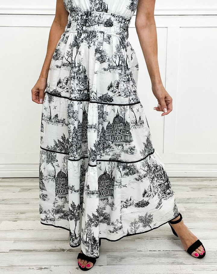Keely | Printed Smocked-Waist Tiered Maxi Dress with V-Neck