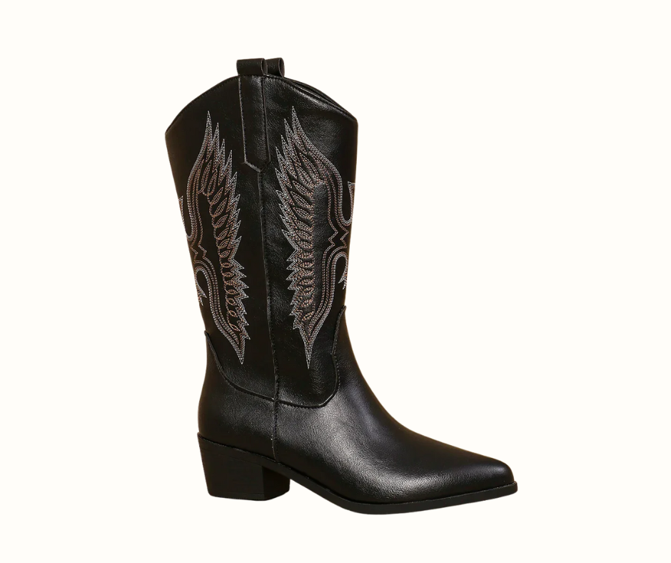 Alma | Embroidered Pointed-Toe Western Boots with Low Stacked Heel