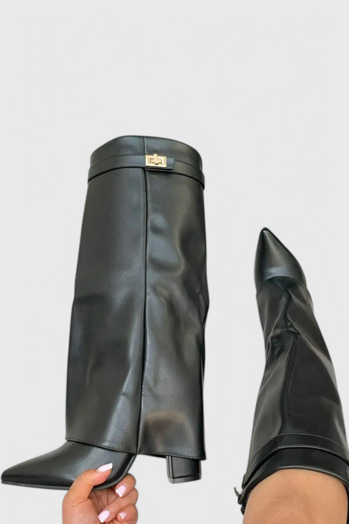 Sloane | Knee-High Fold-Over Leather Boots with Pointed Toe