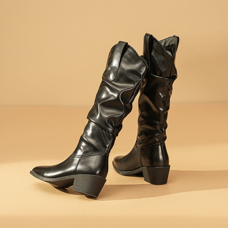 Savannah | Knee-High Slouch Western Leather Boots with Pointed Toe