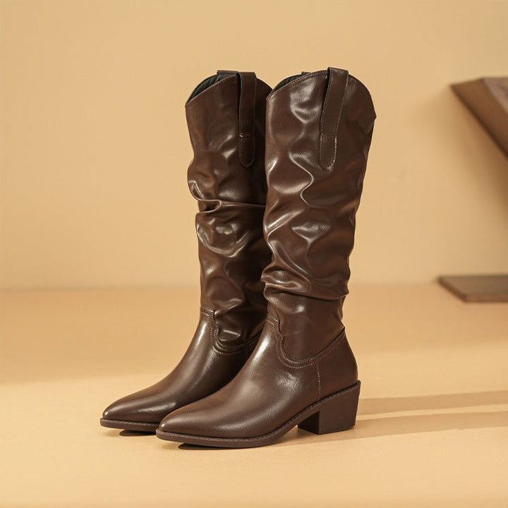 Savannah | Knee-High Slouch Western Leather Boots with Pointed Toe