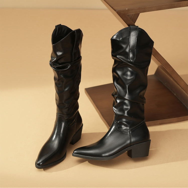 Savannah | Knee-High Slouch Western Leather Boots with Pointed Toe