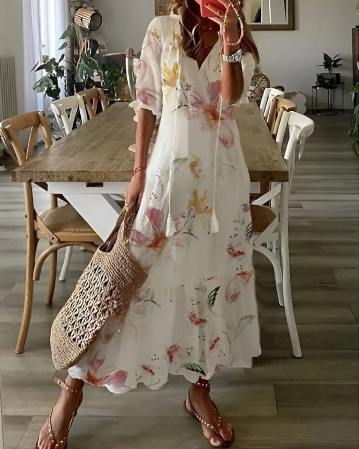 Valeria | Boho Printed Flowy Dress with Tassel Details