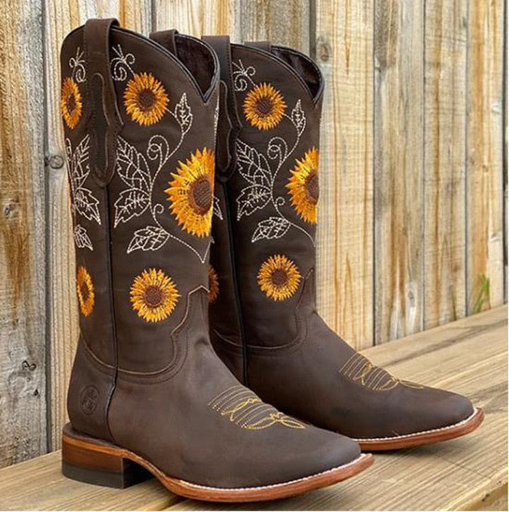 Eden | Floral Embroidered Knee-High Western Boots with Block Heel