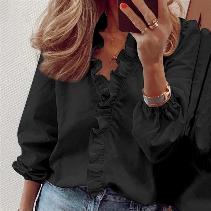 Edie | Ruffle Neck Blouse with Pleated Balloon Sleeves