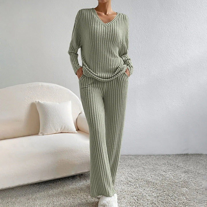 Frida | Ribbed Knit V-Neck Sweater and Pants Set