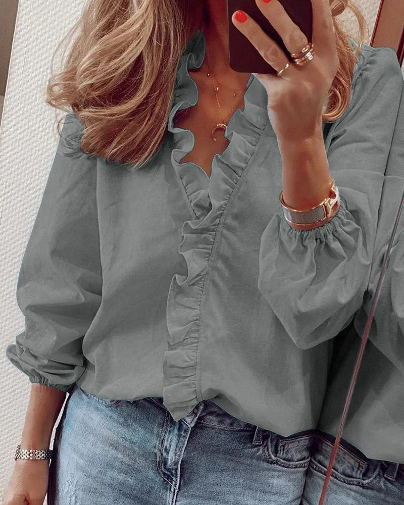 Edie | Ruffle Neck Blouse with Pleated Balloon Sleeves