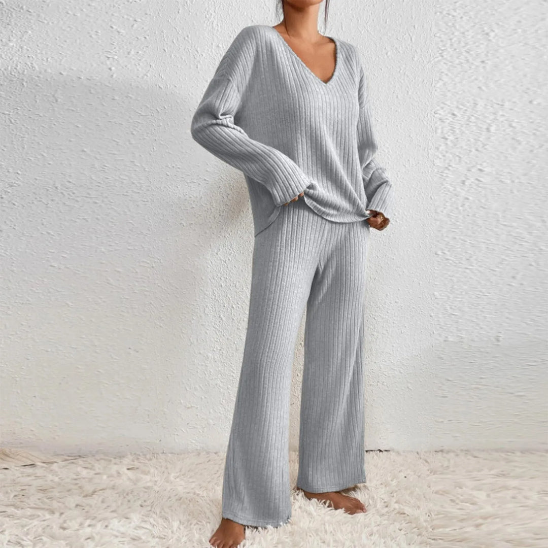 Frida | Ribbed Knit V-Neck Sweater and Pants Set