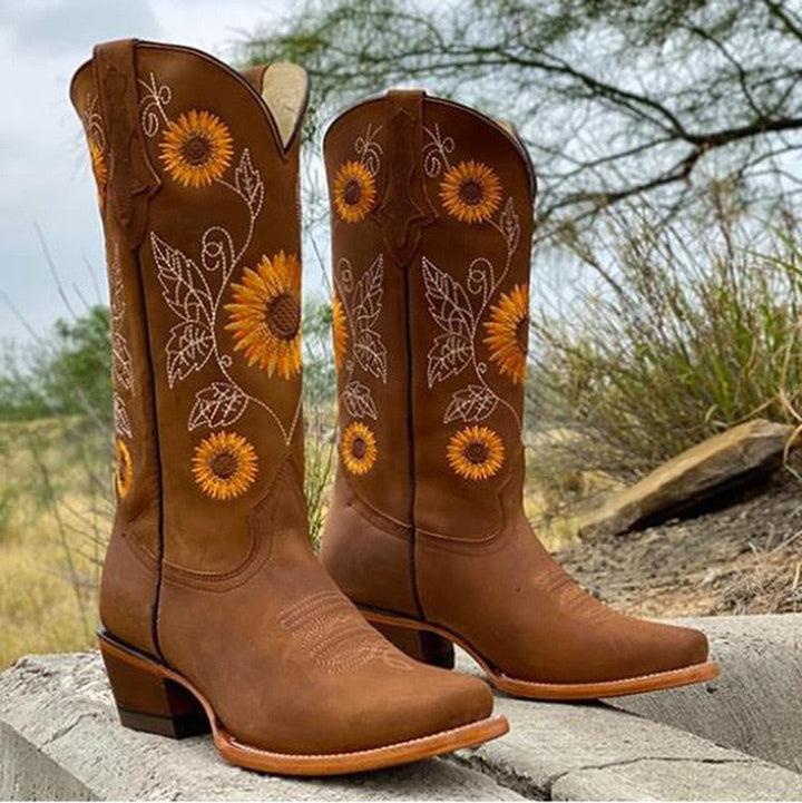Eden | Floral Embroidered Knee-High Western Boots with Block Heel