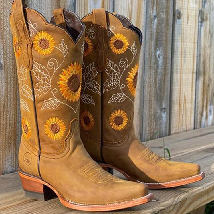 Eden | Floral Embroidered Knee-High Western Boots with Block Heel