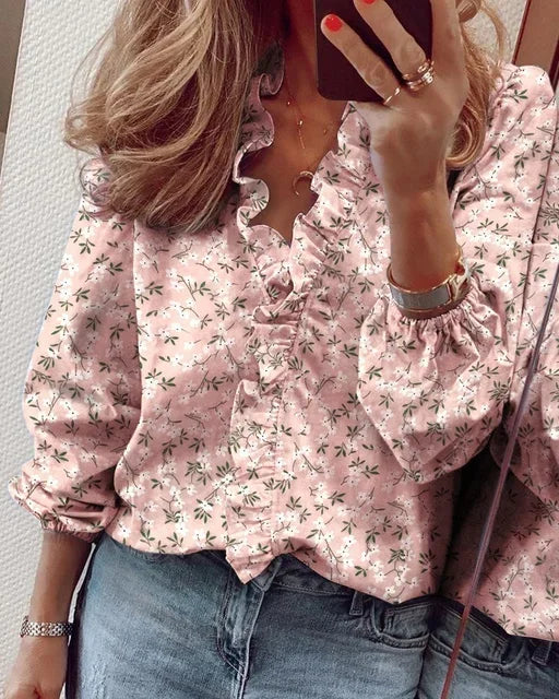Edie | Ruffle Neck Blouse with Pleated Balloon Sleeves