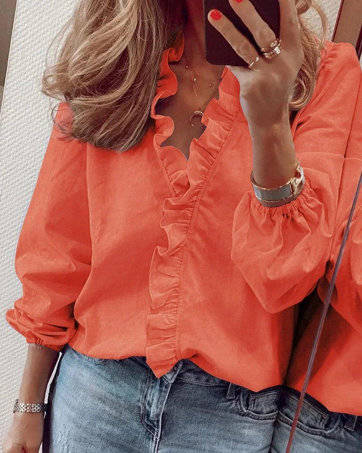 Edie | Ruffle Neck Blouse with Pleated Balloon Sleeves