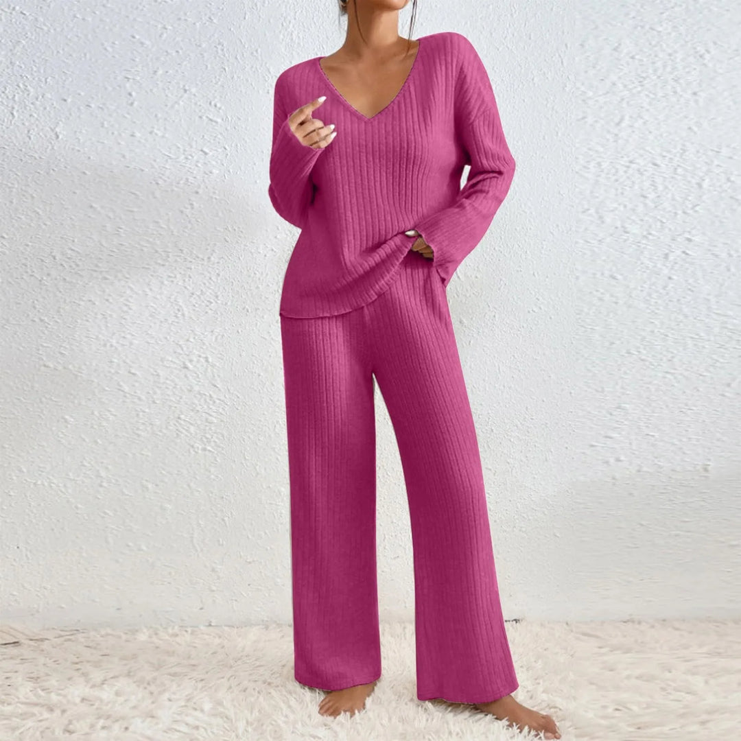 Frida | Ribbed Knit V-Neck Sweater and Pants Set