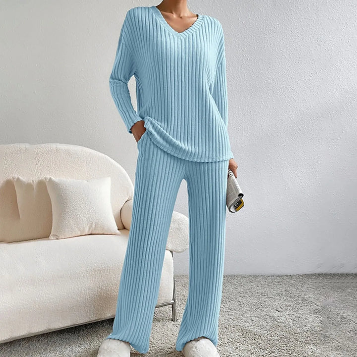 Frida | Ribbed Knit V-Neck Sweater and Pants Set
