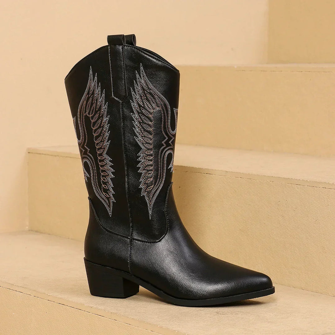 Alma | Embroidered Pointed-Toe Western Boots with Low Stacked Heel