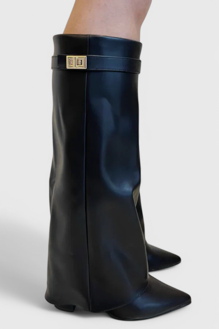 Sloane | Knee-High Fold-Over Leather Boots with Pointed Toe