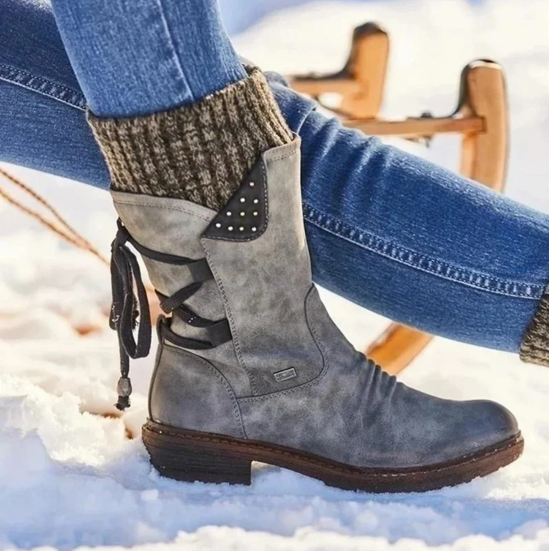 Adley | Knit Cuff Mid-Calf Winter Boots with Lace-Back Detail
