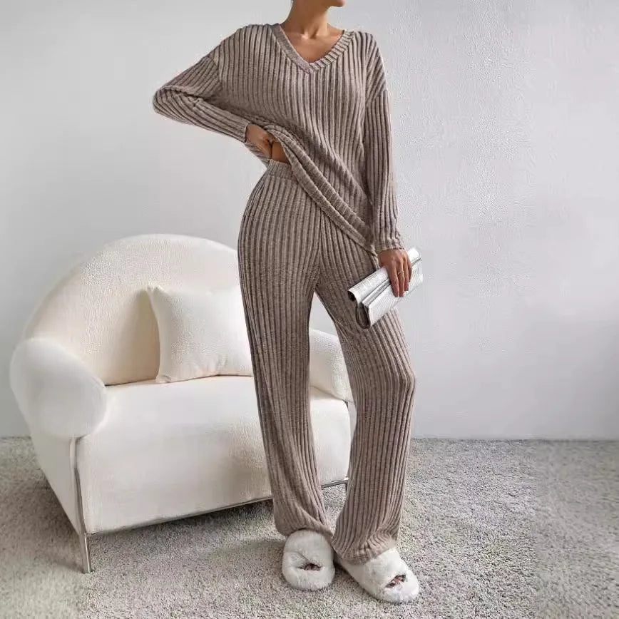 Frida | Ribbed Knit V-Neck Sweater and Pants Set