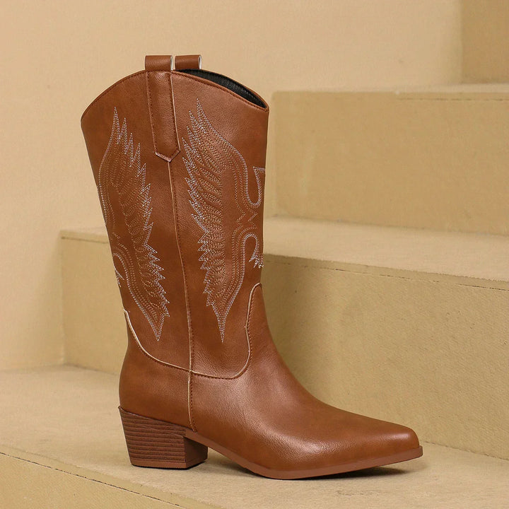 Alma | Embroidered Pointed-Toe Western Boots with Low Stacked Heel