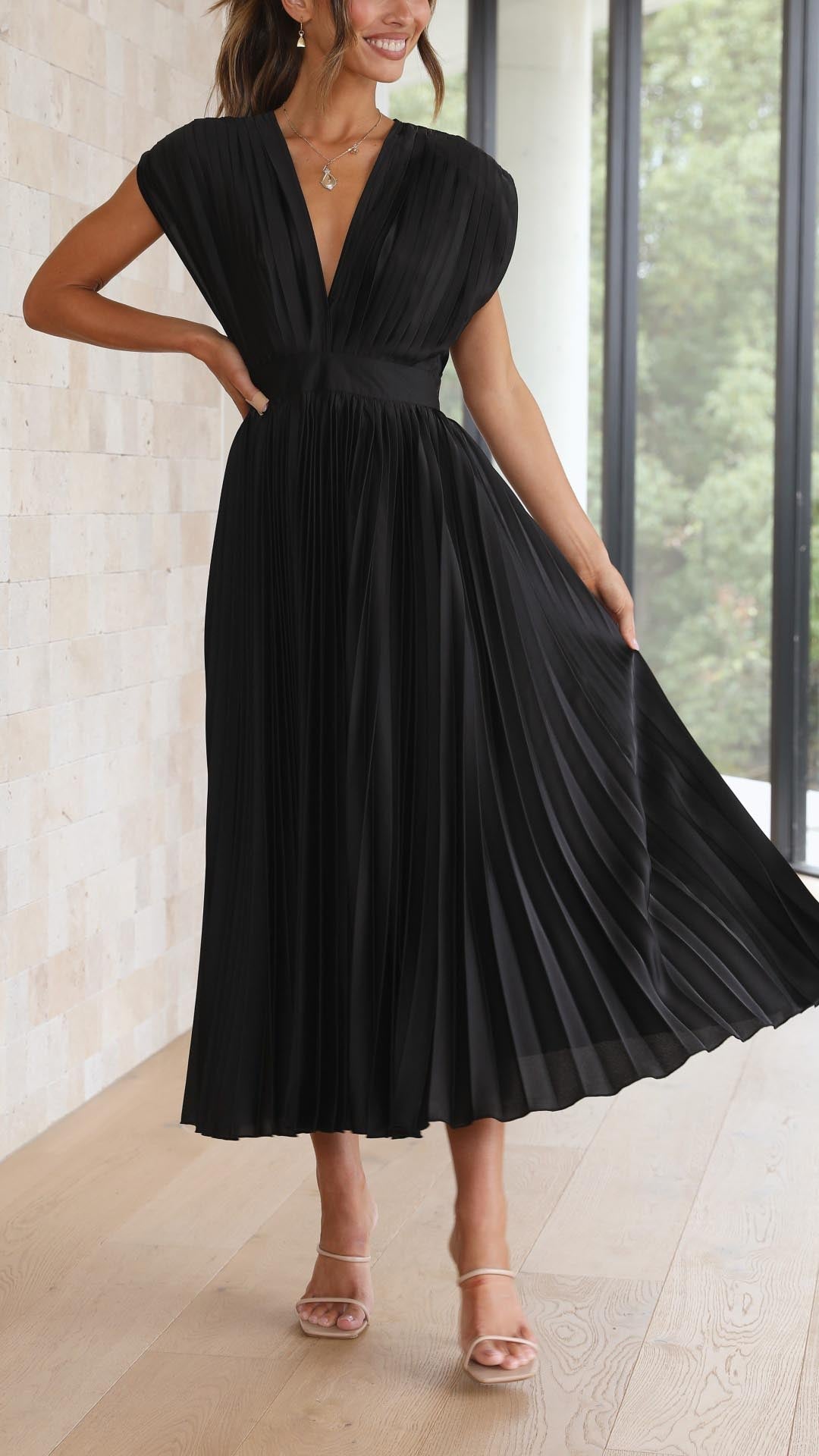 Dinah | Pleated V-Neck Maxi Wedding Guest Dress