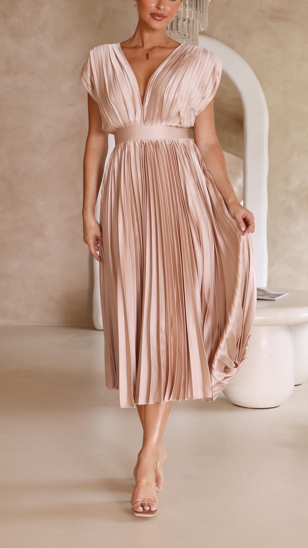 Dinah | Pleated V-Neck Maxi Wedding Guest Dress