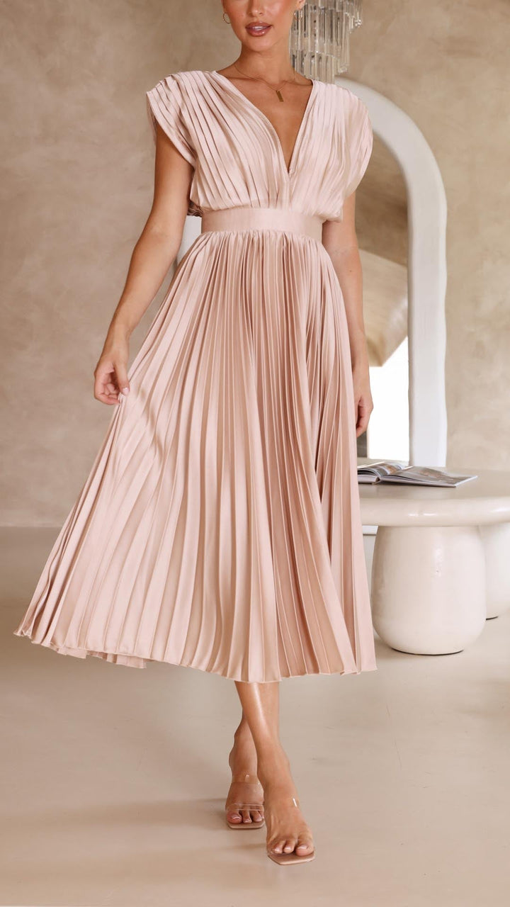 Dinah | Pleated V-Neck Maxi Wedding Guest Dress