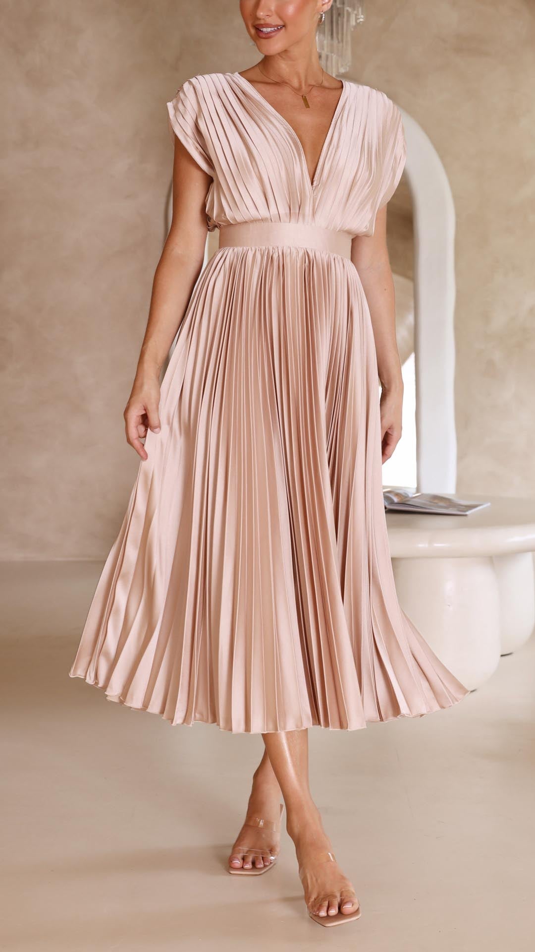 Dinah | Pleated V-Neck Maxi Wedding Guest Dress