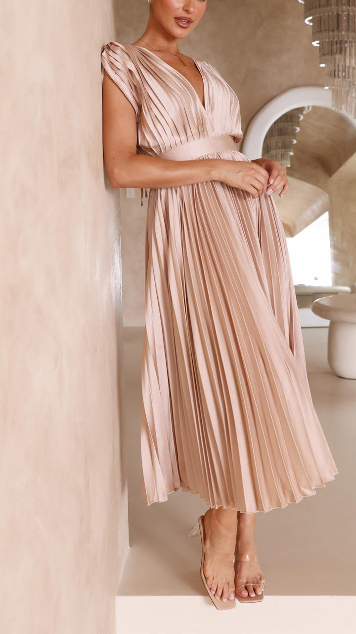 Dinah | Pleated V-Neck Maxi Wedding Guest Dress