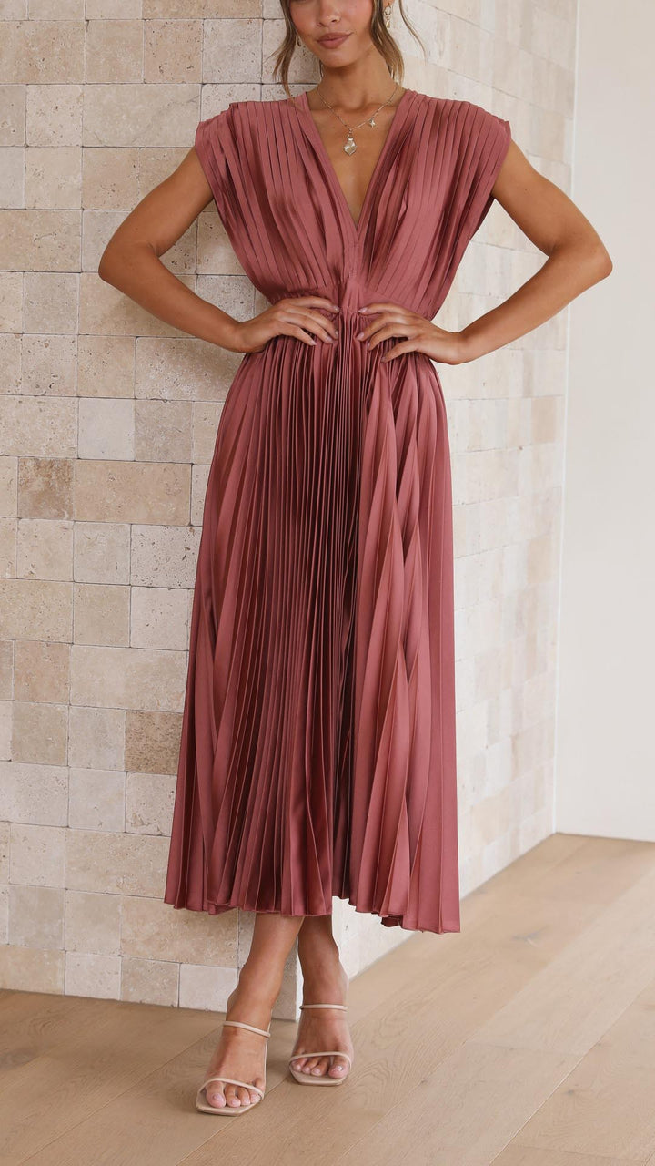 Dinah | Pleated V-Neck Maxi Wedding Guest Dress