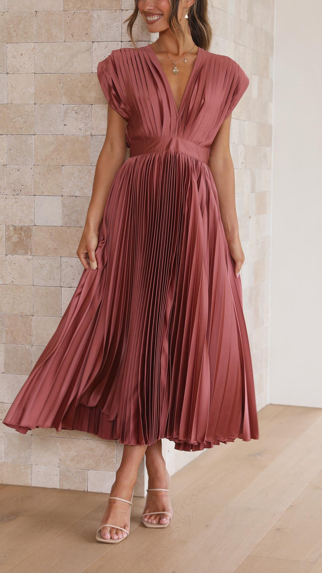 Dinah | Pleated V-Neck Maxi Wedding Guest Dress
